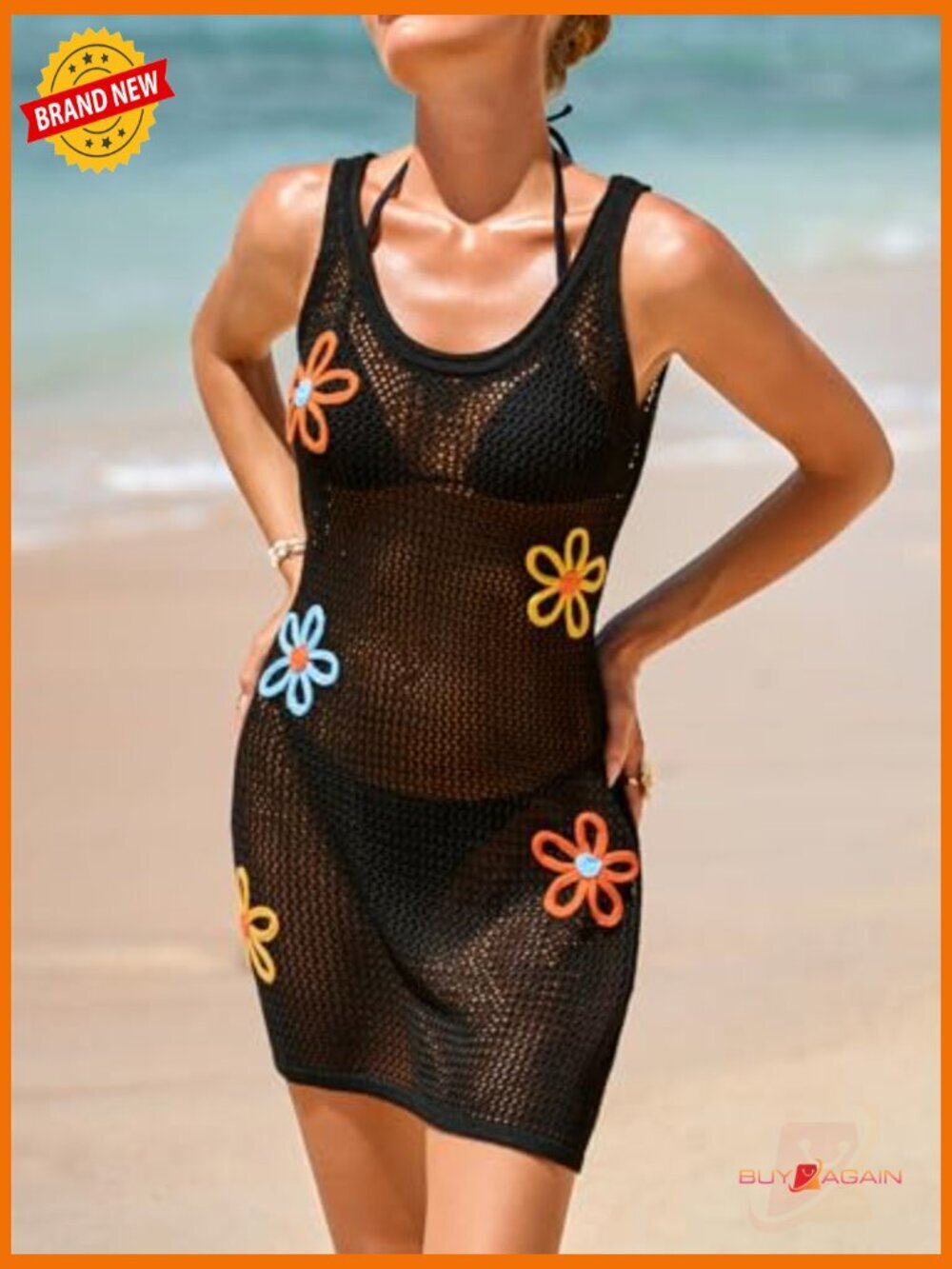 Crochet Beach Cover Up Dress Sleeveless 3D Floral Swimsuit Coverup - Picture 5 of 6